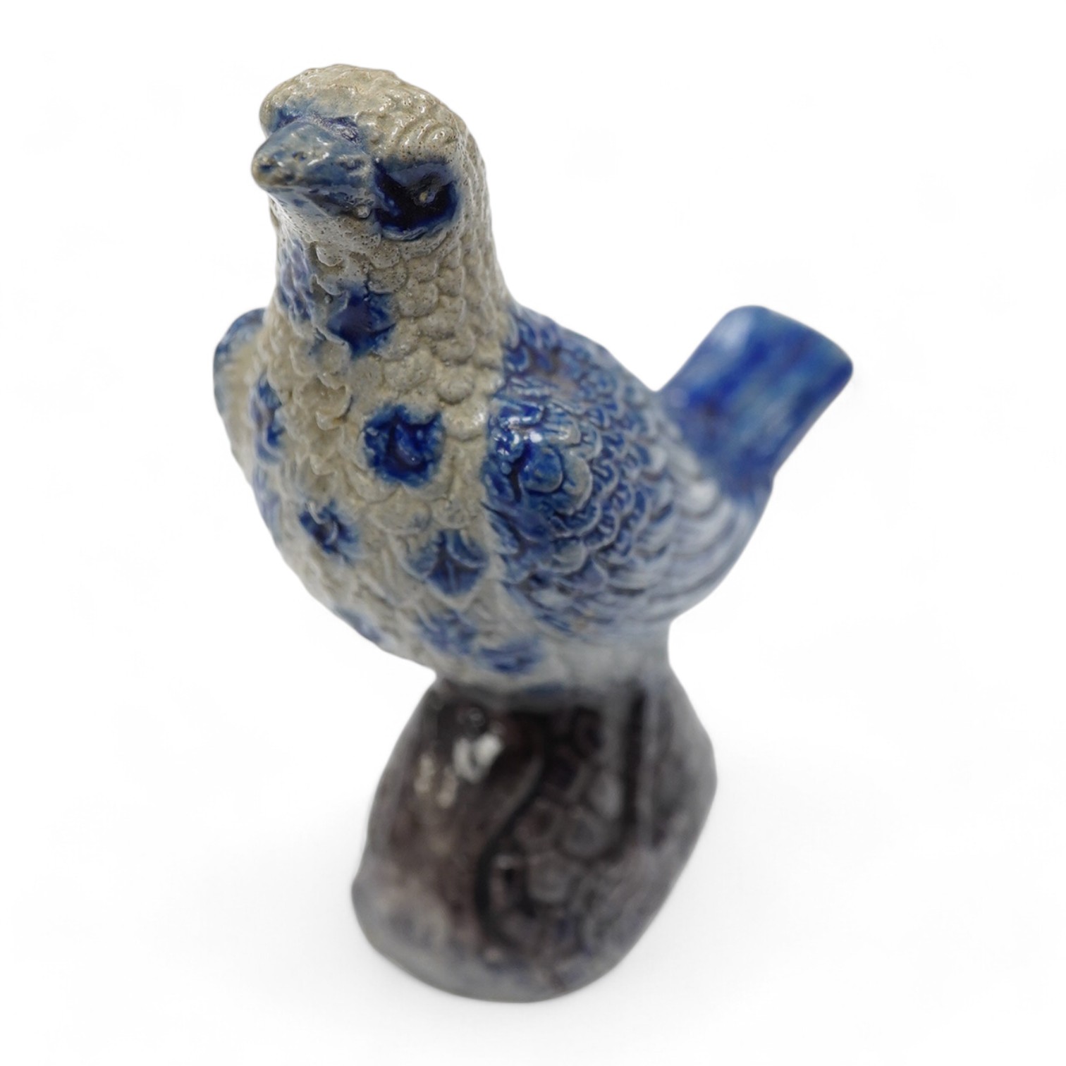 A German Rhenish stoneware songbird whistle, glazed in blue and grey, 9cm high. Condition - good